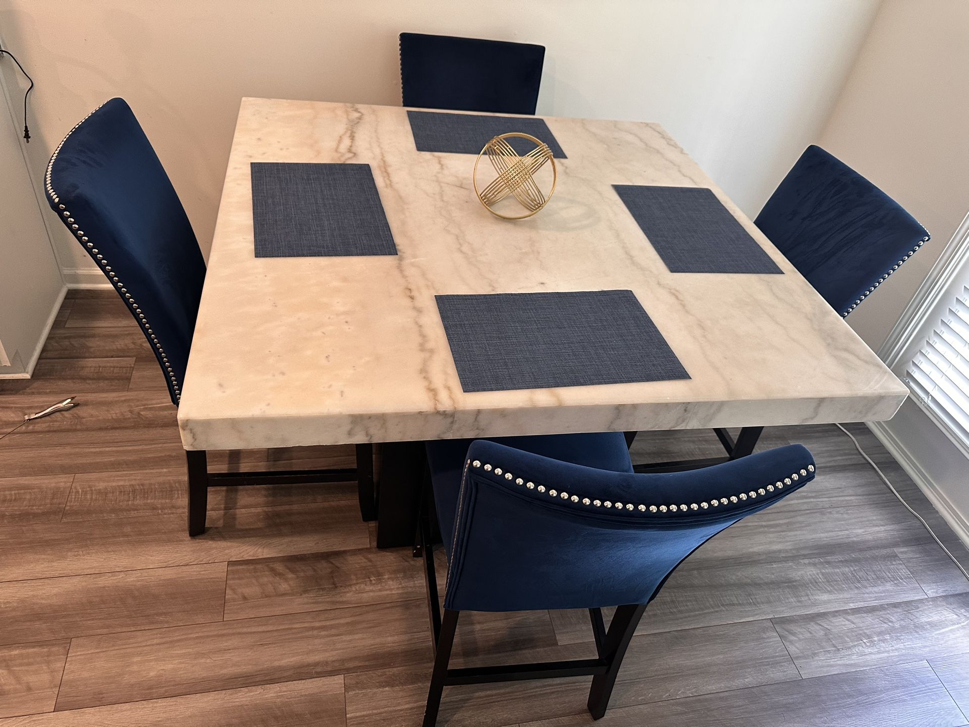 Artemis Counter-Height Marble Dining Table and 4 Upholstered Stools