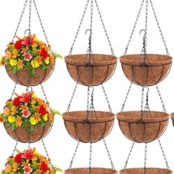 Dandat 9 Pcs 10 Inch Metal Hanging Planter Basket with Coconut Coir Liner Metal Wire Plant Holder Chain Watering Outdoor Hanging Pots Flower Pot Hange