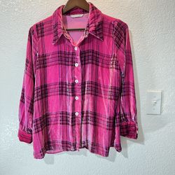 Soft surroundings pink fuchsia plaid velvet long sleeve top size P /m