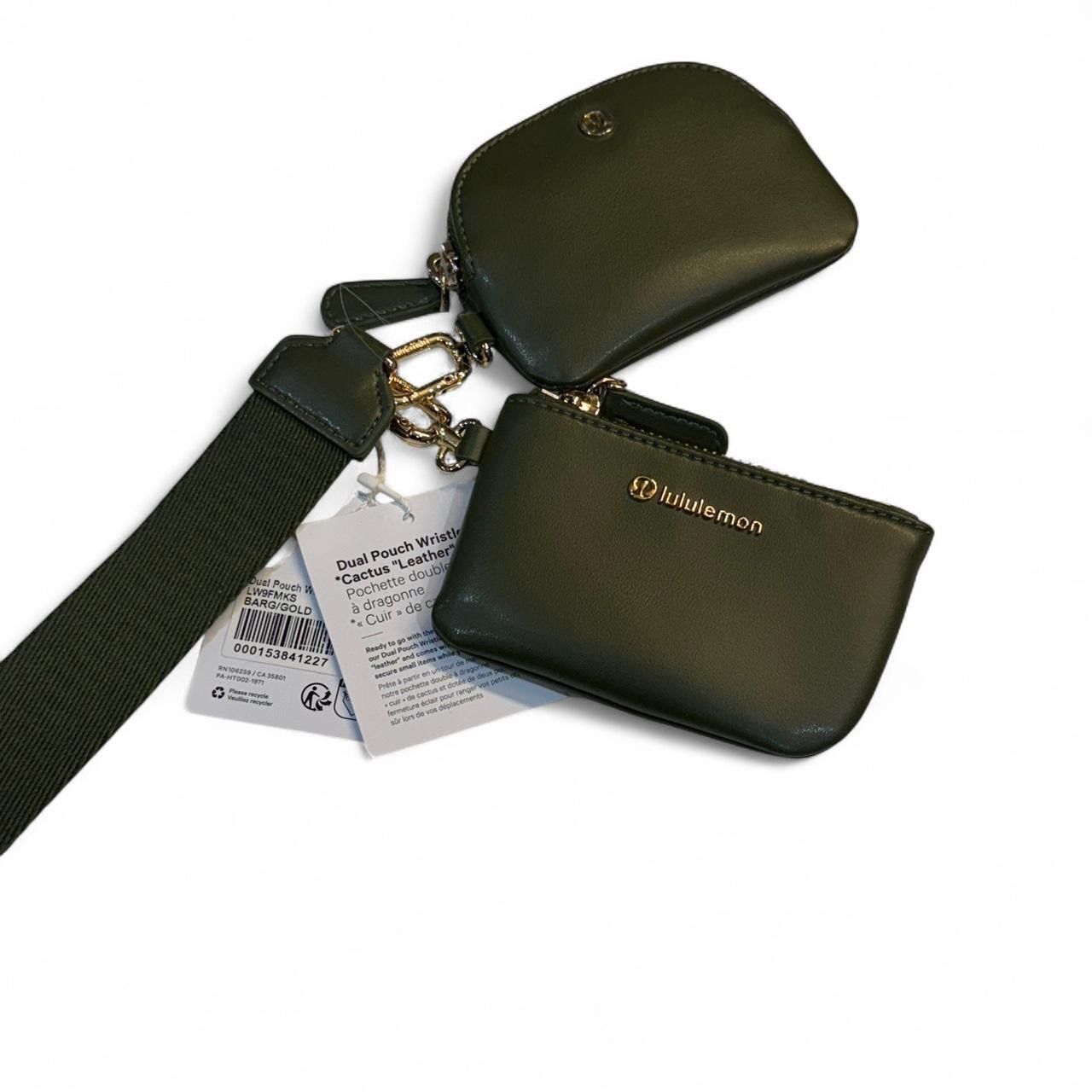 Lululemon Dual Pouch Cardholder Coin Purse Wristlet Keychain *Leather Alternative in  Barracks Green / Gold
