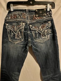 Miss Me Bootcut Jeans — Dark Wash, Leopard Sequin Pockets