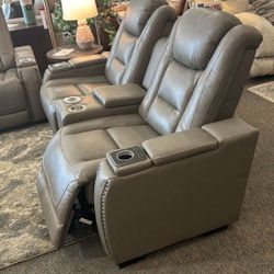 Living Space Theatre Style Power Reclining Gray Leather Sofa And Loveseat Set ⭐$39 Down Payment with Financing ⭐ 90 Days same as cash