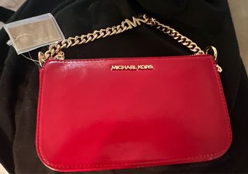 Brand NWT Michael Kors MK Red Crimson Pouchette Handbag with Gold MK Logo Chain strap