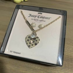 Juicy Couture Gold Heart Crown Rhinestone Stud Earrings 20” Pendant Box Set NIB