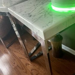 TWO SIDE TABLES ONE COFFEE TABLE…….TOP IS LAYERED WITH EPOXY MARBLE LOOK…..CHROME …32H 20D 24W      50W 24W 21H