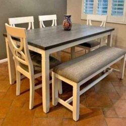 ✅️✅️(6 pc white & grey finish wood dining table set grey padded seat chairs and bench✅️