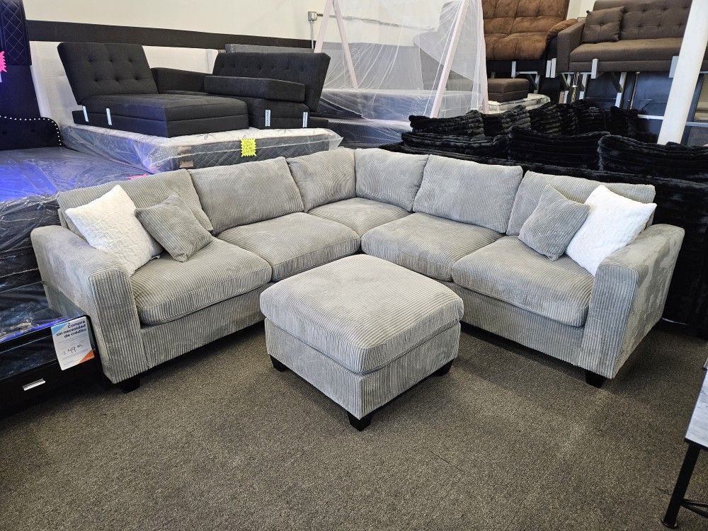 Brand New 2 Sets Left Sectional Corduroy Fabric W/ Ottoman $498