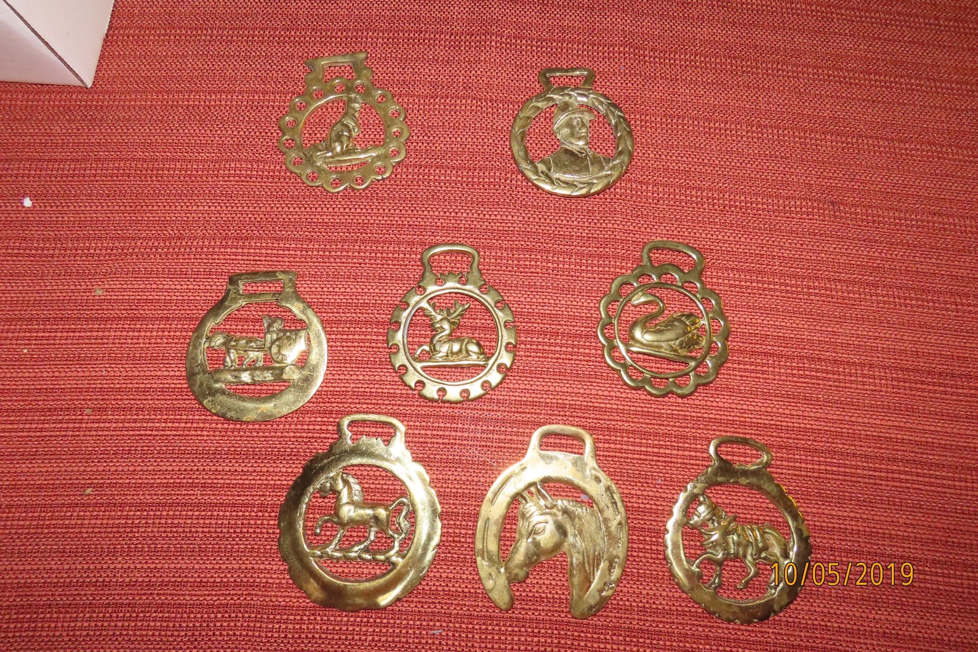 Set of 8 vintage horse brass medallions
