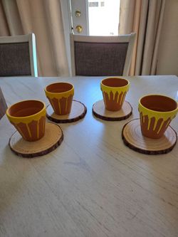 Yungyan 4 Pcs Wood Slices for Centerpieces and 4 Pcs Honey Pots, 6.3-6.7 Inches