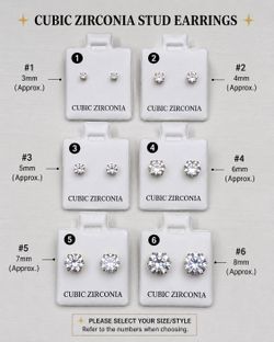 ✨ Cubic Zirconia Stud Earrings | Multiple Sizes 3mm-8mm | Gold Tone | New ✨