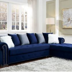 Brand New Plush Blue Velvet Sectional Sofa (Pillows Included)