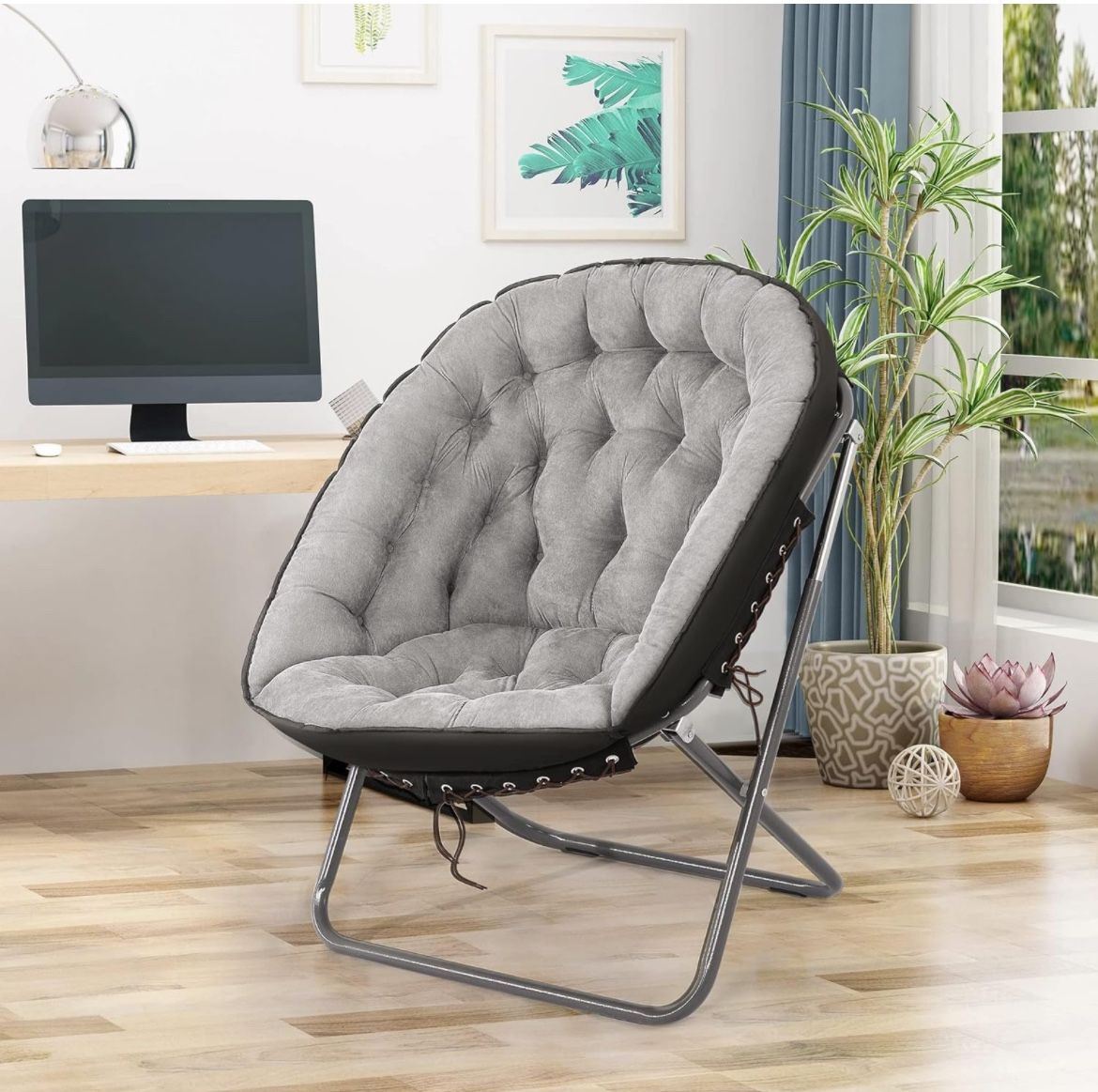 Saucer Chairs for Adults, Oversized 265 lb Saucer Chair for Bedroom, Papasan Chair with Cushion and Frame, Folding Saucer Chair, Moon Chair