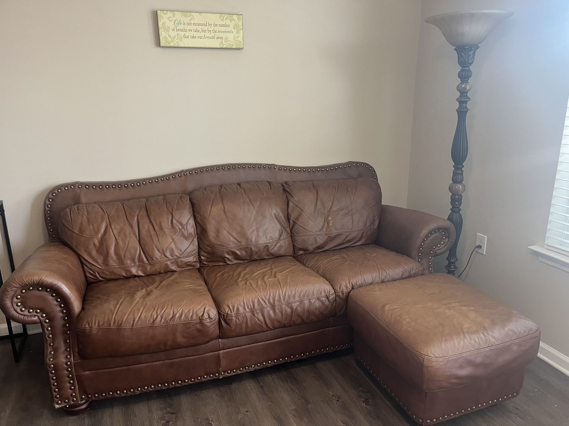 Leather Couch W/ Ottoman + Floor Lamp
