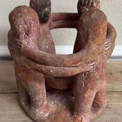 Four Friends Circle Arms Rustic Aztec Terracotta Clay Art Pottery Candle Holder just $5