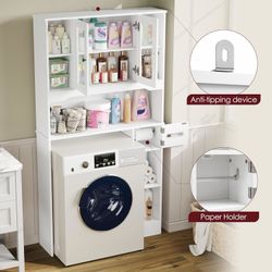  Over The Toilet Storage Cabinet, Over Toilet Bathroom Organizer with 2 Glass Doors & Paper Holder, Bathroom Shelves Over Toilet with Adjustable Shelv