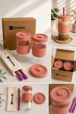 NEW Qinline Reusable Bubble Tea Cup Set – 2 Glass Cups (24 oz) with Lids & Straws