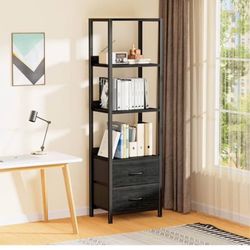 4-Tier Corner Shelf, Bookshelf with 2 Storage Drawers, 57.28" Tall Narrow Bookcase, Standing Shelf