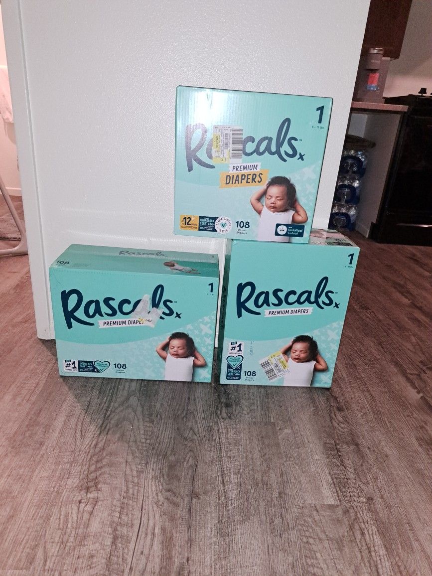Size 1 Diapers (Three Boxes Of 108 Rascals Premium Diapers) 