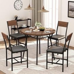ES129 $110  Modern Round Dining Table Set for 4 with Meta Frame Walnut  Dining Table Set for 4 : This functional kitchen table set includes a round di