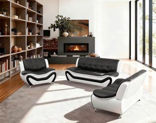 Modern style black and white leather three piece couch set