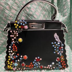 Designer Black Leather Peekaboo Bag With strap 