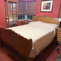 Wood Carved Bedroom Set. Bed Frame with Adjustable Bed Base, 2 Night Stands, Dresser With Mirror, And Chest Dresser