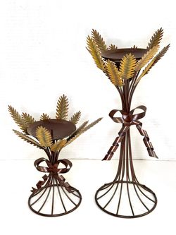Vintage Russ Berrie & Company “Rustic Metal Harvest Wheat Sheaf Pillar Candle Holder” Set of 2