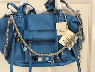 New Free People BABY EMERSON SANTORINI BLUE Tote Purse and Free People Friendship Bag Charm, Emberly Blue Purse Bag Charm Set