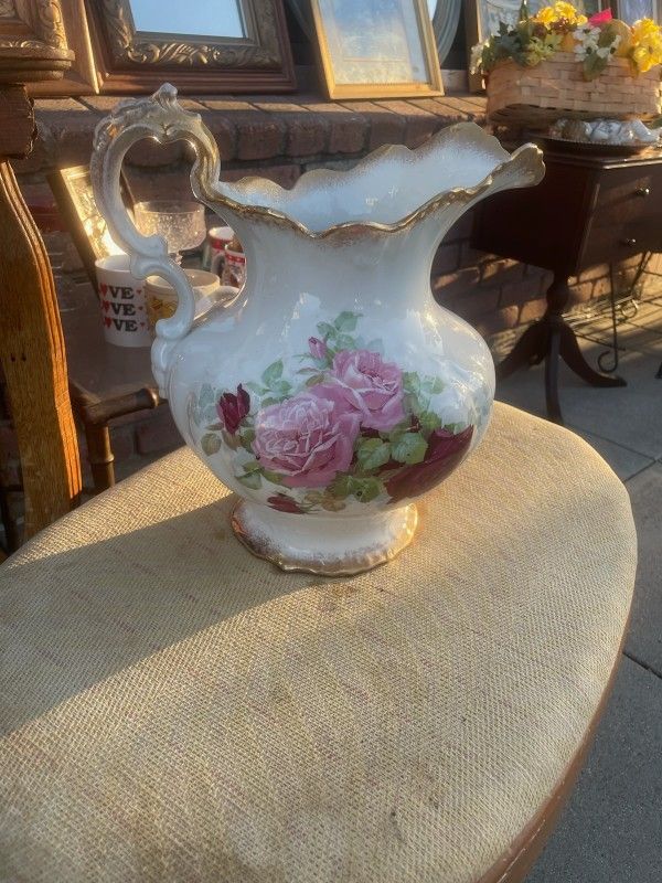 Antique Large Floral Pitcher Rose Vase 15"