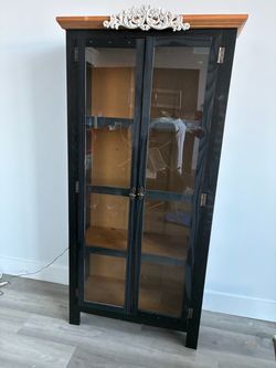 Wooden Glass Display Cabinet with Ornate White Carved Accent