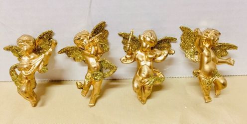 Set of 4 Gold Cherubic Angels Figurines Golden Glittery Wings Heaven Christmas Ornaments