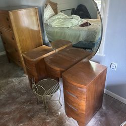 Antique Makeup Vanity With Mirror And Matching Side Cabinet