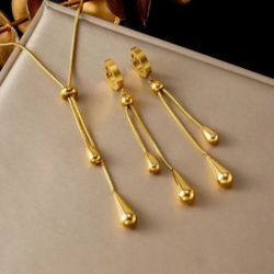 Gold  stainless Drop Necklace + Earrings Set