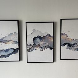 DustinWay Framed Canvas Art Set of 3 Blue Gold Abstract Smoke Waves