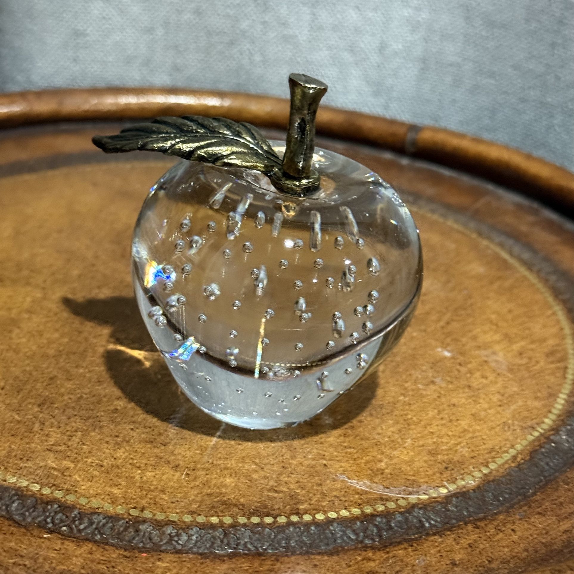 Vintage Glass Apple Paperweight Apple w/ Bubbles & Brass Stem