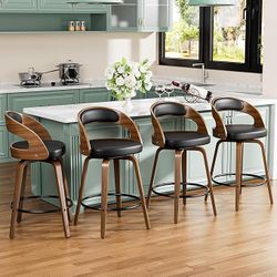 Bar Stools Set of 4, 26" Swivel Counter Height Bar Stools with Bentwood Legs and Back, Mid Century