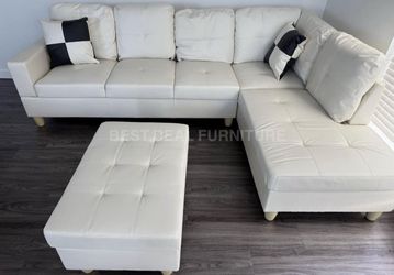 White Leather Sectional Couch And Ottoman 