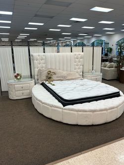 Round Upholstered Bed Frame with Tufted Headboard- finance available $39 down