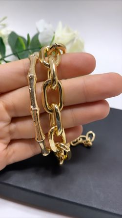 2Pcs Set Gold Plated Bamboo Thick Chain Link Chain Charm Bracelet, Gold Color
