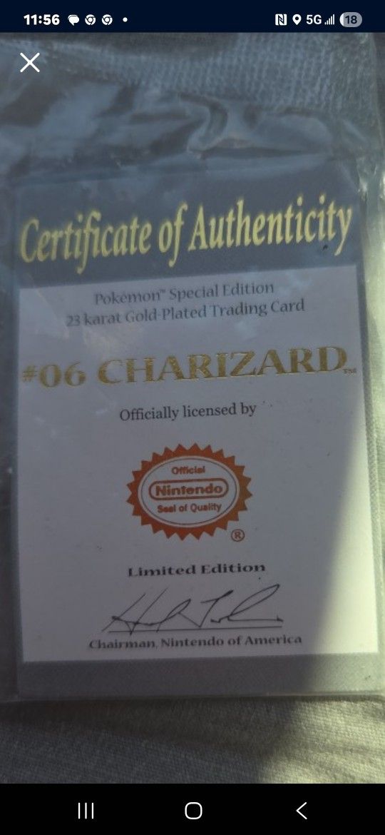 1999 Certificate Of Authenticity ( Only) Of 24kt Gold #6 Charizardi