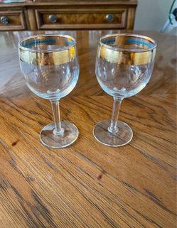 2 Gold and Blue Rimmed Matching Wine Glasses
