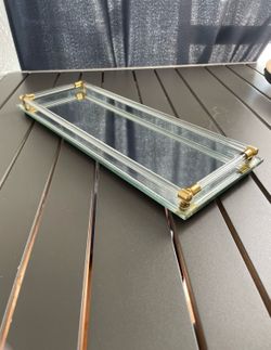 Vintage Retro Vanity Rectangle Mirror Tray Toledo Plate Lucite Handles 16 × 6