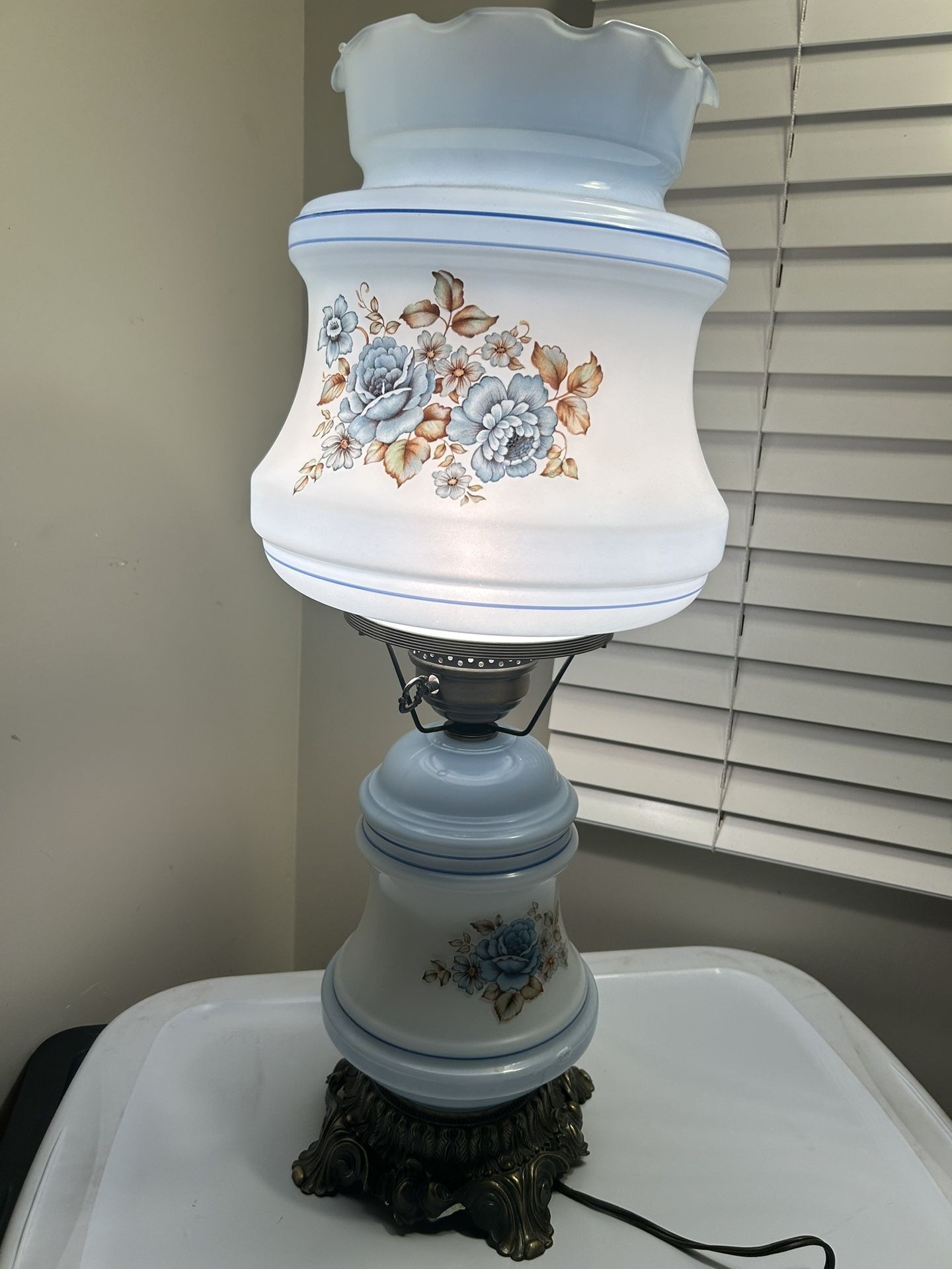Vintage Lamp Powder Blue & White Floral Design  Hurricane Parlor Table Lamp