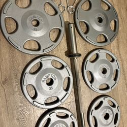 Hampton Olympic Weight Plates Full Set (45s to 2.5s) In New Condition (reconditioned) Plus Hampton 6ft Bar. Total: 283 lbs.