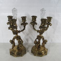 Pair Of Victorian Style Cherub Angels Ornate Brass Candelabra Statues