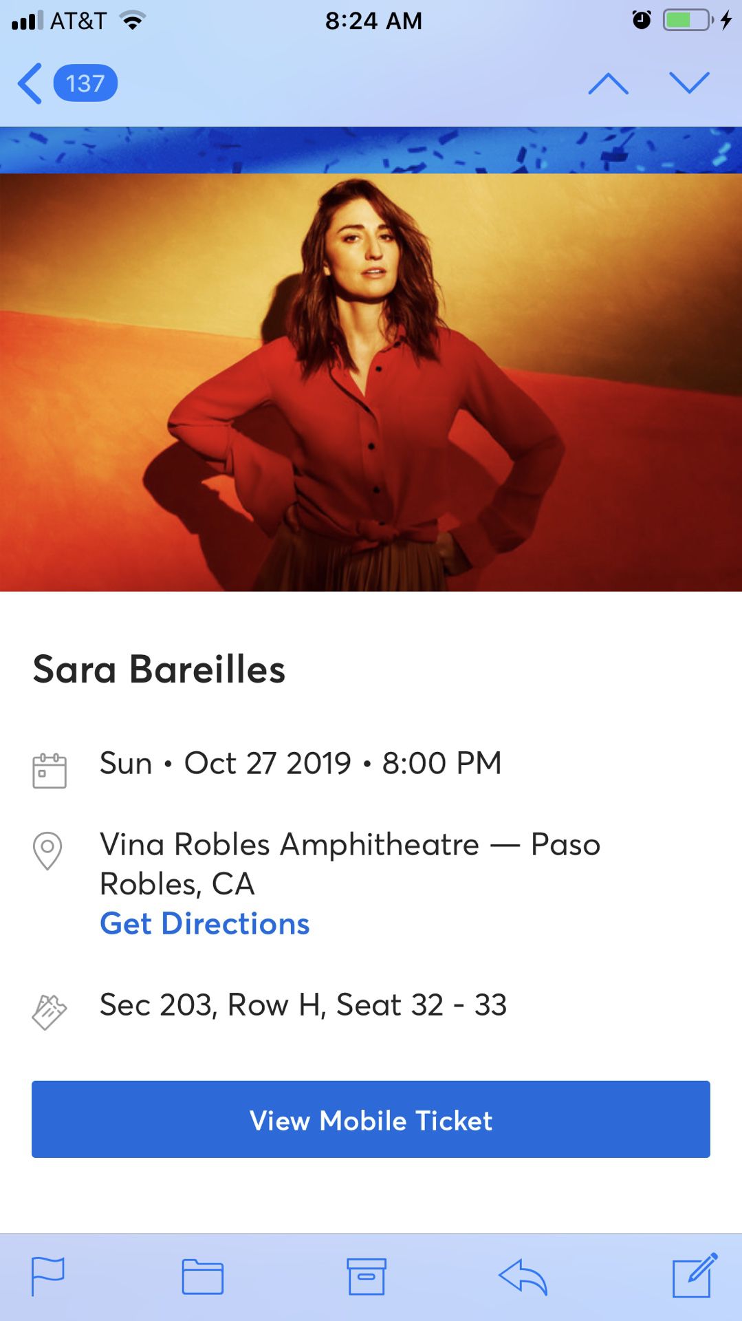 Sara Bareilles . 2 tickets to sold out concert.