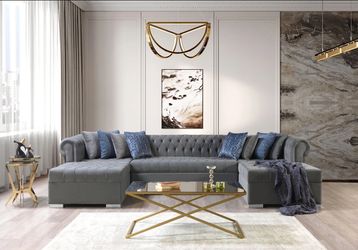 Double Chaise Tufted Grey Velvet Sectional