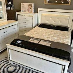 Allura White LED Upholstered Panel Bedroom Set ( Queen, king, twin, full bedroom set - bed frame- tall dresser, nightstand and chest, mattress options