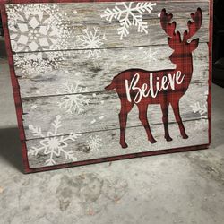 Rustic Christmas Wall Sign “Believe” Reindeer Design – MOVING OUT SALE