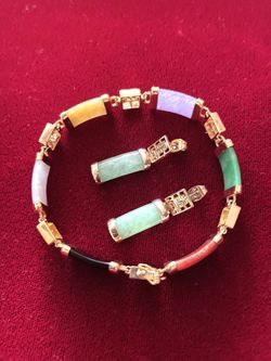 Asian Inspired Gemstone Bracelet And Earrings set. Gold Over 925 Sterling Silver 